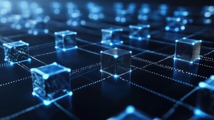 Obraz premium Ultra quality image of abstract digital blockchain network concept with glowing blue cubes on a dark background.