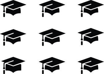 Graduation Cap Icon Set – Black Silhouette and Outline Styles on White Background