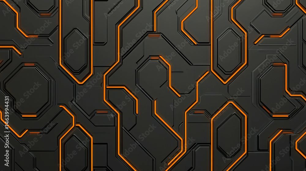 Poster futuristic abstract background with geometric lines and orange highlighting on dark surface