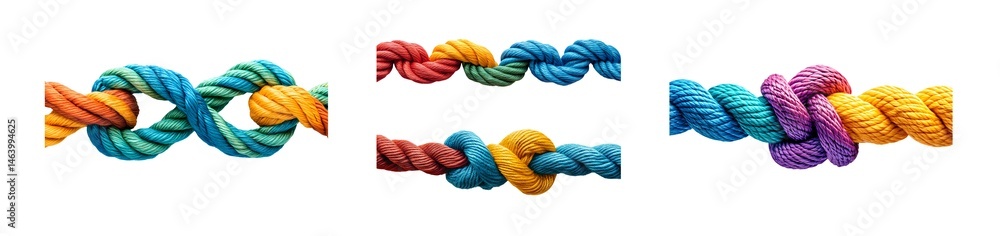 Poster digital illustration of multiple colorful ropes intricately knotted and interwoven, creating a visua