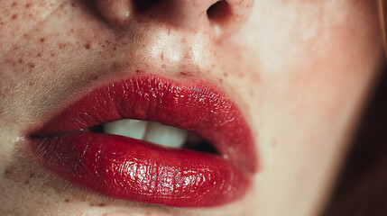 Labios femeninos con pintalabios rojo brillante y piel con pecas en primer plano con enfoque nítido