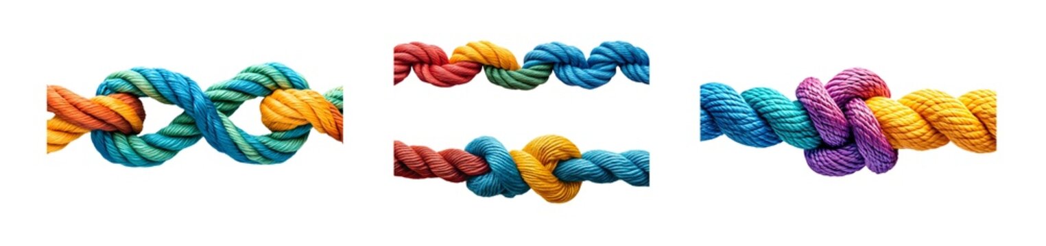 Digital illustration of multiple colorful ropes intricately knotted and interwoven, creating a visually appealing design.