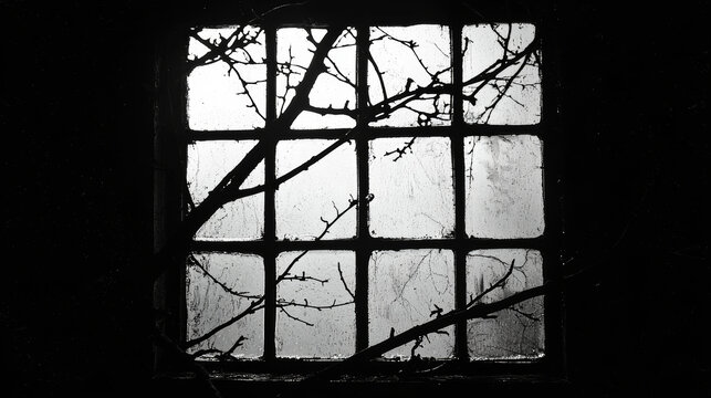 Silhouette of window and tree branches on black. Gobo mask for light source