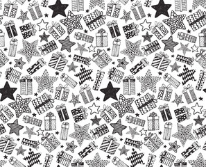 Fototapeta premium Hand-drawn Seamless Pattern with Gift Boxes and Stars