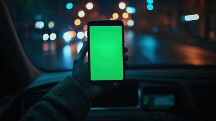 Closeup of hand holding smartphone with white mockup on screen,black mobile phone in hands with blank desktop screen while car driving,Mockup image,Copyspace for text.