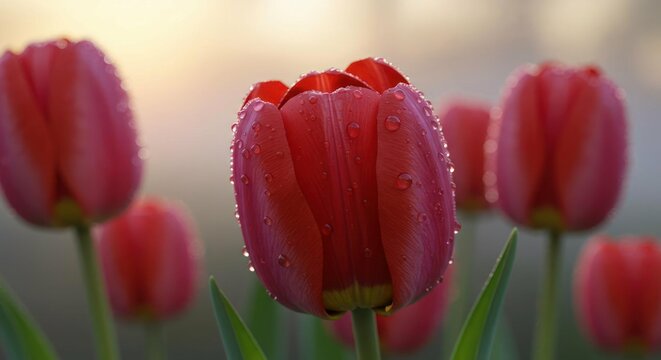 Close up of red tulips with water droplets