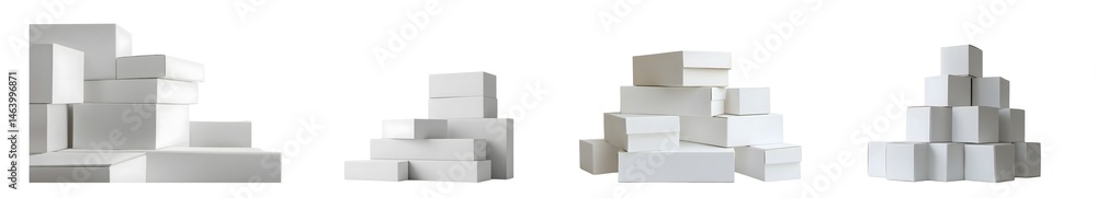 Poster set of digitally rendered, monochrome image of several abstract, stacked geometric shapes. the forms