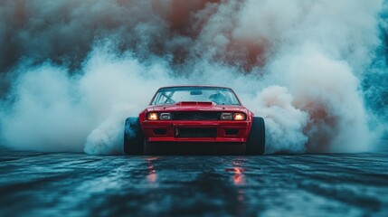 Red Drift Car in Smoke: An adrenaline-fueled motorsport spectacle, showcasing a vibrant red car performing a breathtaking drift, engulfed in a cloud of dramatic smoke.