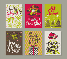 Set of four hand-drawn Christmas cards with different designs and quotes