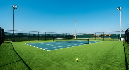 Paddle Tennis Court with Green Grass Sunlight and Clear Blue Sky