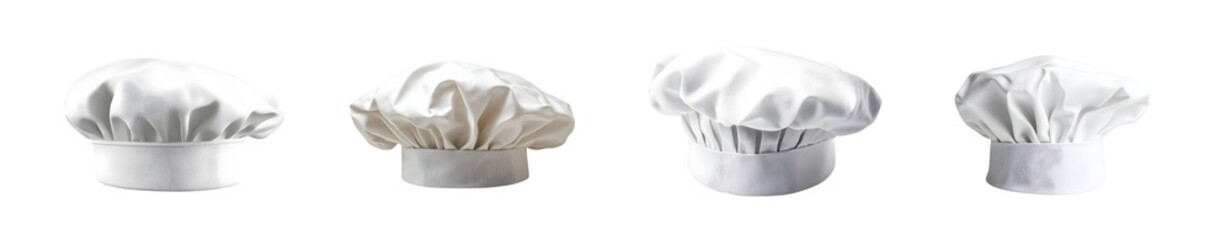 Set of plain white chef's hats in various shades of white, placed horizontally.
