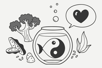 66 Black and white illustration, minimalist design, fish bowl, yin yang symbol, broccoli, avocado, soup bowl, heart speech bubble, abstract composition, line art, food elements, balanced composition, 