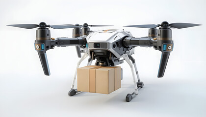 Naklejka premium Delivery Drone Carrying a Package on a White Background
