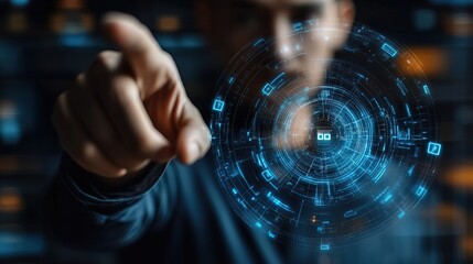 A businessman pointing at a holographic supply chain management plan