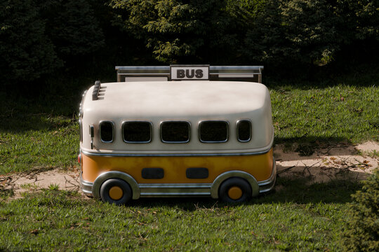 3D rendering of a whimsical bus sculpture in a park setting