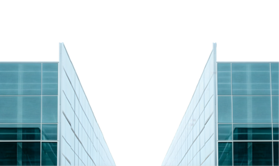 Symmetrical view of two glass-fronted structures, showcasing a clean, modern architectural design