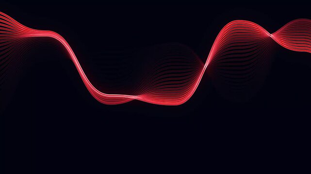 Luminous Red Wave: Flowing Lines with Fading Echo Trails on Dark. Abstract Looping Animation for Modern Tech & Dynamic Visuals