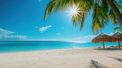 Fototapeta premium Serene Tropical Beach Scene with Palm Trees and Sunlit Sky Over Calm Blue Waters