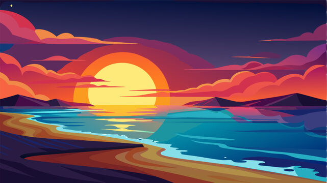 The last rays of sunlight kissing the beach as the sun bids adieu for the day leaving behind a breathtaking canvas of colors over the serene ocean.