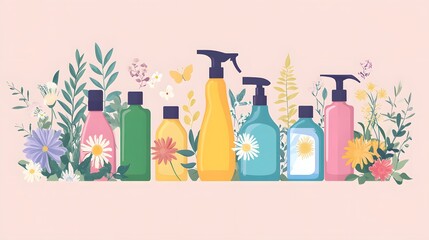 Colorful bottles and containers of various beauty products surrounded by flowers.