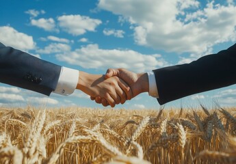 Two men shaking hands in a field of wheat. Concept of professionalism and trust between the two individuals
