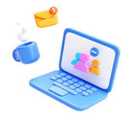 3D team communication icon with email alert and coffee on laptop