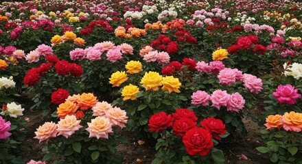 Fototapeta premium Many colorful roses in flowerbed with soft lighting.
