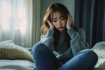 Obraz premium A woman is sitting on a bed with her head in her hands. She is wearing a gray sweater and blue jeans