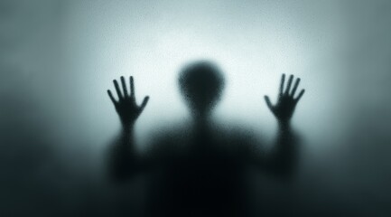 Haunting horror concept image of mysterious humanoid figure pressing hands against foggy glass with dramatic backlighting creating a sinister atmospheric effect