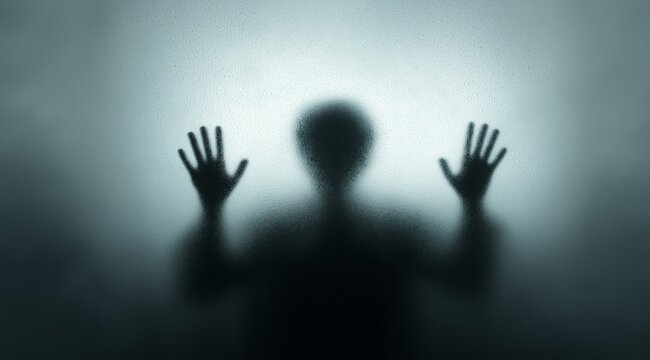 Haunting horror concept image of mysterious humanoid figure pressing hands against foggy glass with dramatic backlighting creating a sinister atmospheric effect - Powered by Adobe
