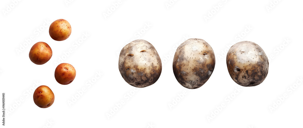 Poster set of potatoes in various stages of processing on a conveyor, with a visual representation of the m