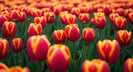 Field of vibrant red and yellow tulips with busy bees.