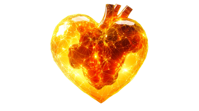 Glowing plexus style heart shape on black background, cut out transparent