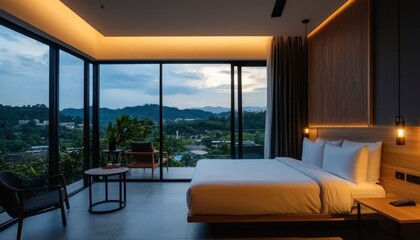 Fototapeta premium Modern bedroom with mountain view (1)