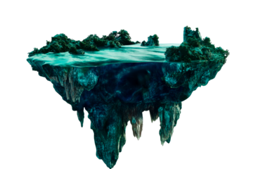 Floating Island Above Underwater Cave With Water Surface, cut out transparent