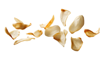 Vibrant, abstract image of a variety of thin, crispy food pieces, against a dark background with contrasting colors and geometric shapes.