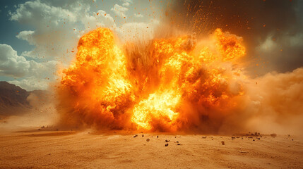 Endless desert with a large explosion neutralizing a buried explosive device with intense force 