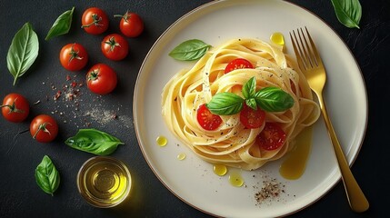 Pasta Fettuccine on Plate with Tomato, Basil, and Golden Fork on Black Backdrop