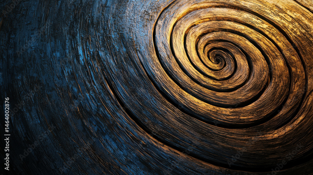 Poster abstract spiral pattern in wood with smooth textures and warm colors of gold and brown