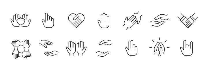 Obraz premium Outline icon set: diverse hand gestures for communication, support, and unity