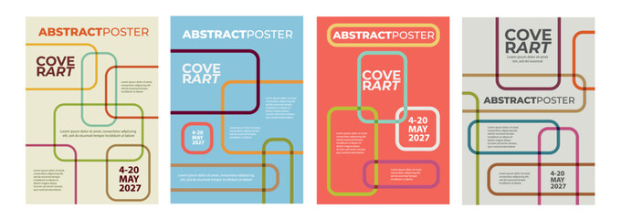 Four colorful abstract posters with intertwined lines, dates, and sample text