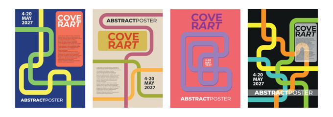 Four colorful abstract posters with intertwined lines, dates, and sample text