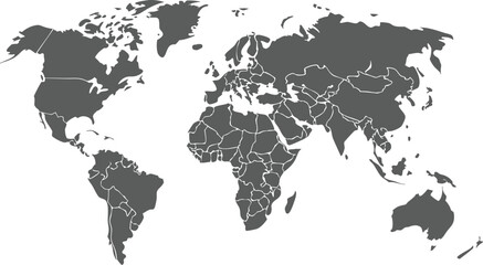 Black Silhouette Vector World Map with Detailed Country Outlines