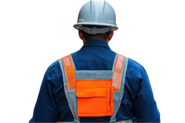 Rear view of construction worker wearing safety helmet and orange vest blue shirt industrial work safety equipment on transparent background hat man