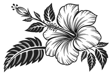 67 Black and white botanical illustration, hibiscus flower, intricate woodcut style, high contrast, detailed petals and leaves, vintage engraving technique, bold linework, tropical floral design, symm