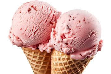 ice cream cone pink ice cream served in a waffle cone, set against a clean white background