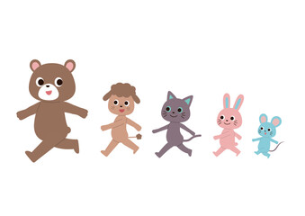 一列になって楽しそうに行進しているかわいい動物たち