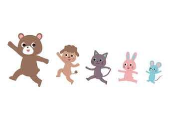 一列になって楽しそうにスキップしながら進んでいるかわいい動物たち