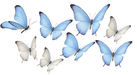 Blue and White Butterflies in Flight, Isolated on White