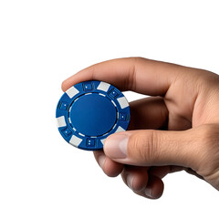 Hand Holding Blue Poker Chip on a Transparent Background